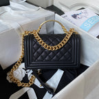 CC Boy Flap Bag with Handle Grained Shiny Calfskin & Gold-Tone Metal 20 x 12 x 7cm