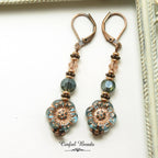 Antique Copper Boho Earrings - Transparent Aqua and Rose Dangle Earrings -Lightweight Flower Earrings with Matching Necklace