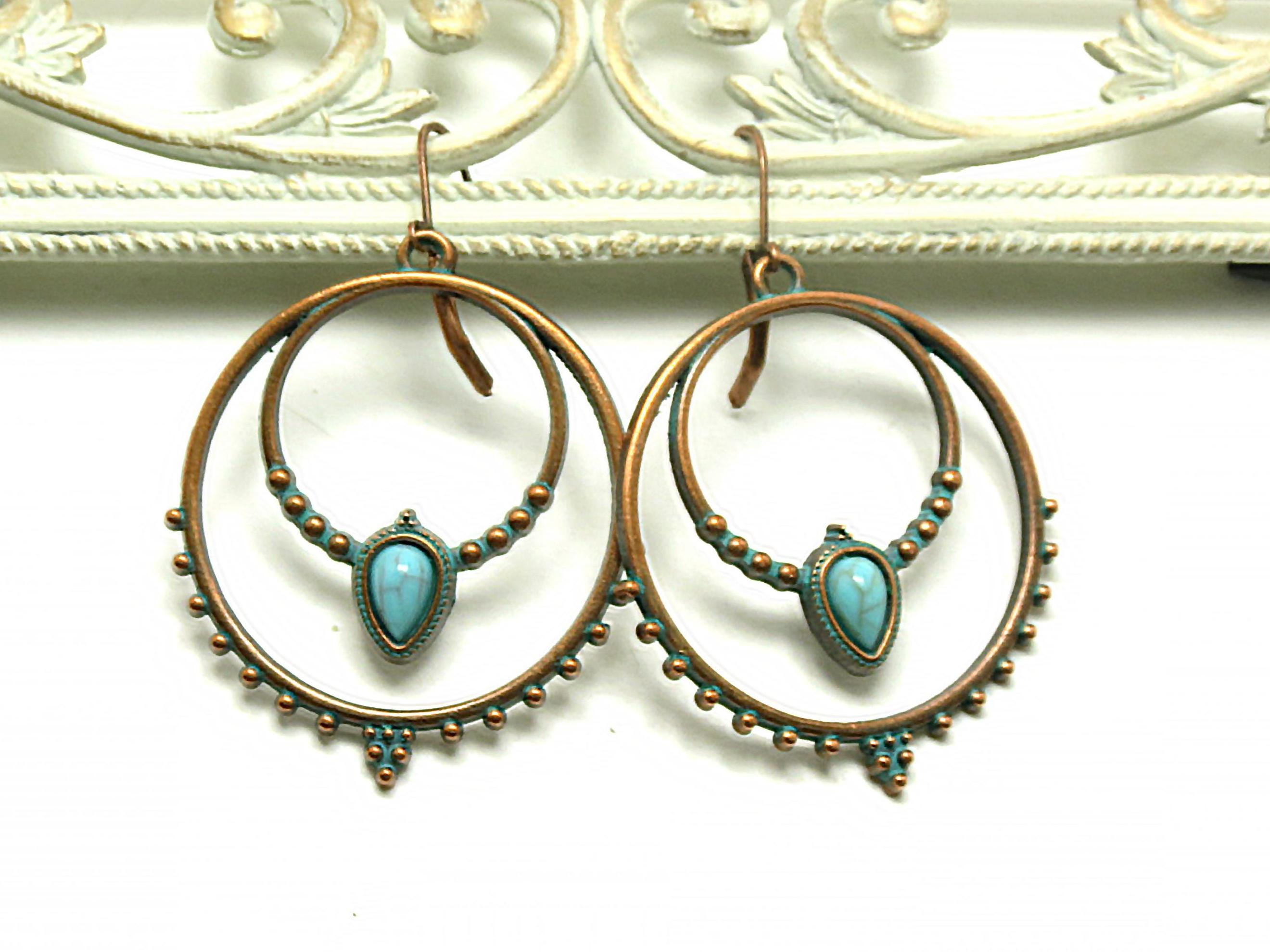 Boho Antique Copper Patina Hoop Earrings with Faux Turquoise