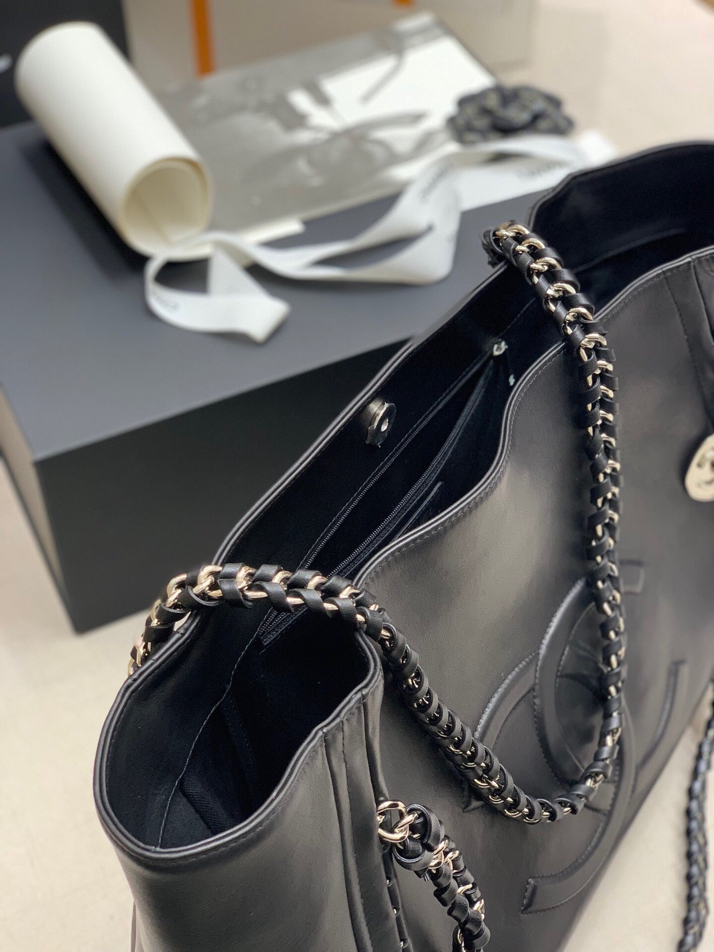 Chanel Soft Calfskin Shopping Bag Top Handle Black