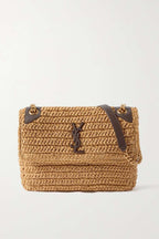 SAINT LAURENT Niki medium leather-trimmed raffia shoulder bag Cream