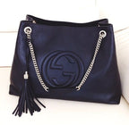 Logo Chain Handbag Black Leather Tote Bag