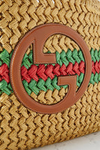 GUCCI Embellished leather-trimmed metallic crocheted raffia tote