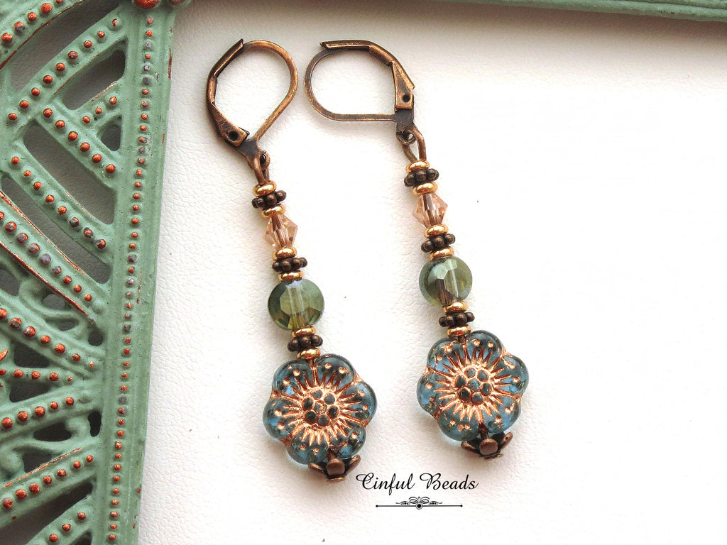 Antique Copper Boho Earrings - Transparent Aqua and Rose Dangle Earrings -Lightweight Flower Earrings with Matching Necklace